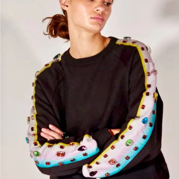 NWOT - Cynthia Rowley Black Gemma Sweatshirt LARGE | NO GEMS MISSING - Picture 1 of 10